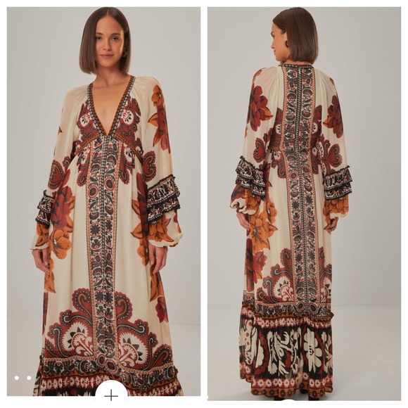 FARM Rio | Dresses | Farm Rio Sand Winter Tapestry V Neck Maxi Dress ...